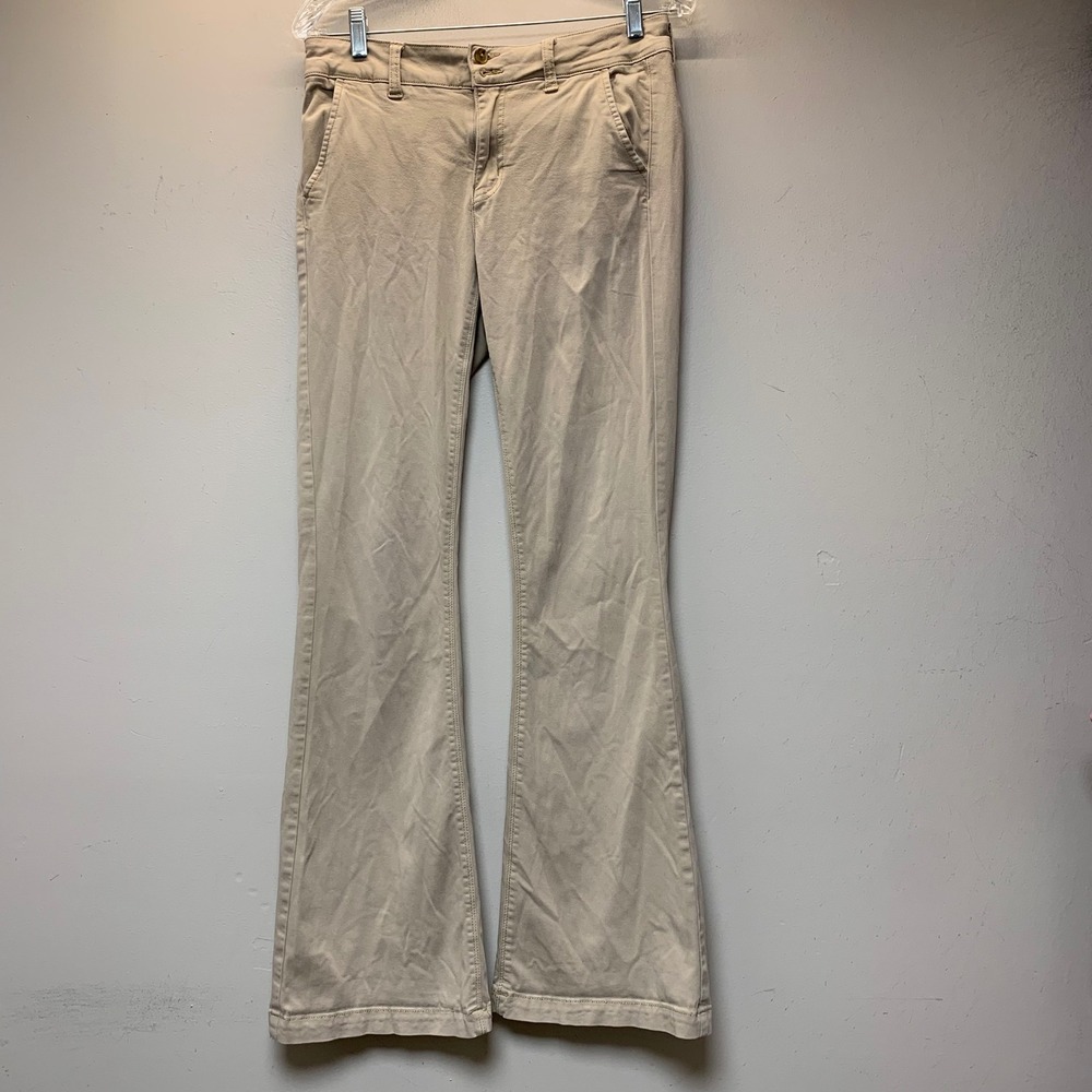 American Eagle Pants Women 8 Long Khaki Good Super Stretch Flare Boho Khaki